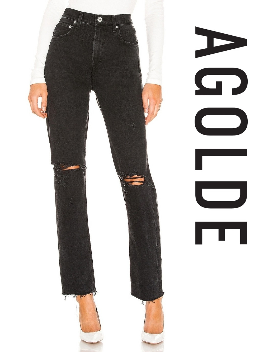 AGOLDE High-Rise Black Distressed Straight-Leg Jeans - Size 25 - Picture 2 of 4